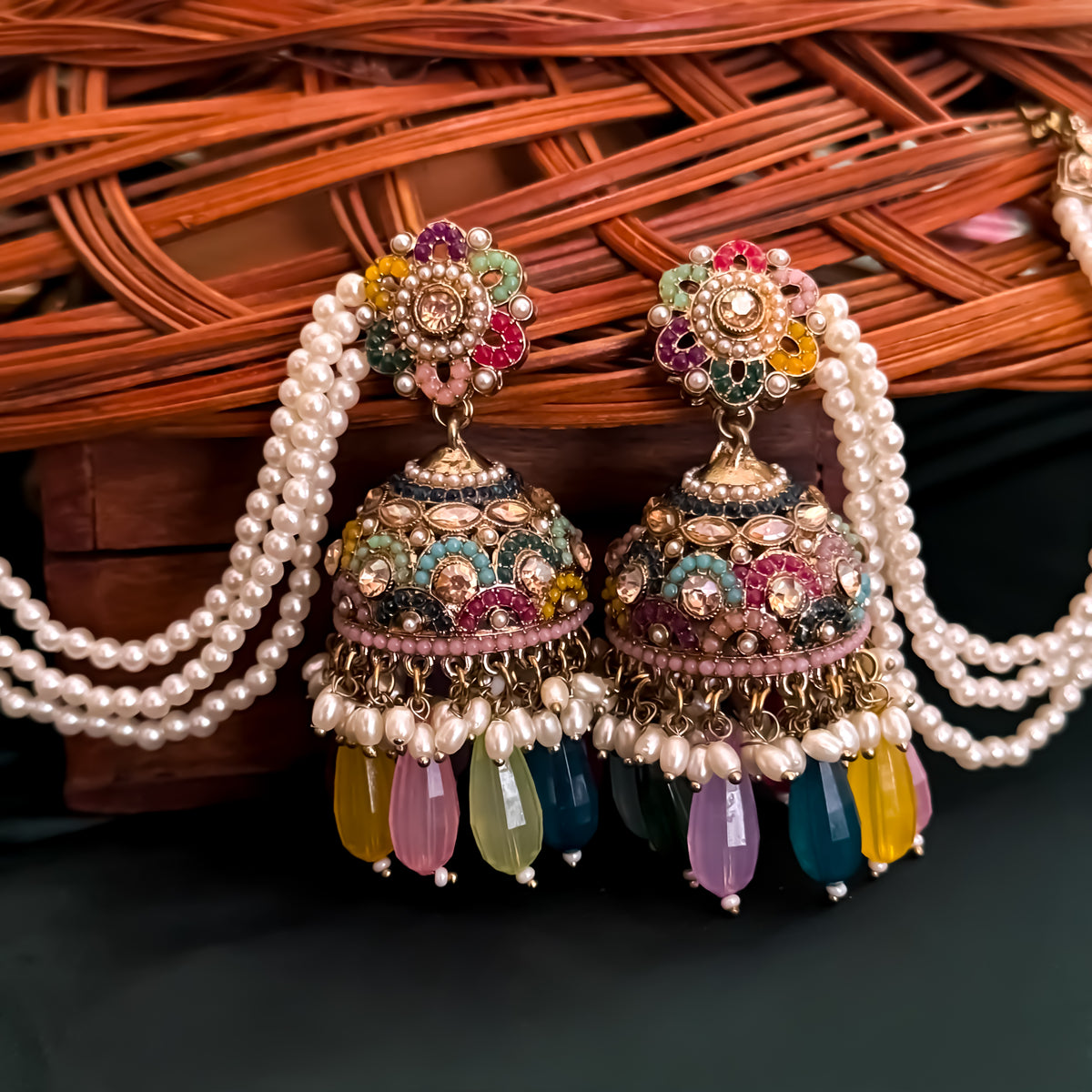 Mahtaab Jadau Reverse AD Jhumka Earrings with Sahara/Earchains & Teeka - Multi