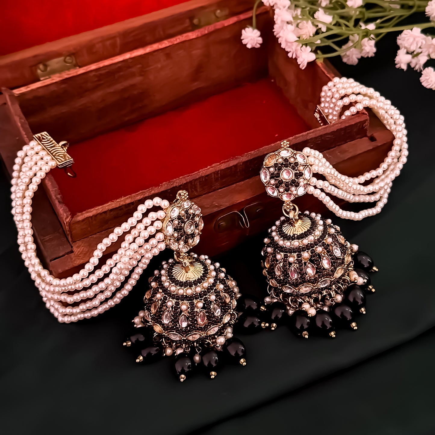 Mehvish Jadau Reverse AD Jhumka Earrings with Earchain - Black