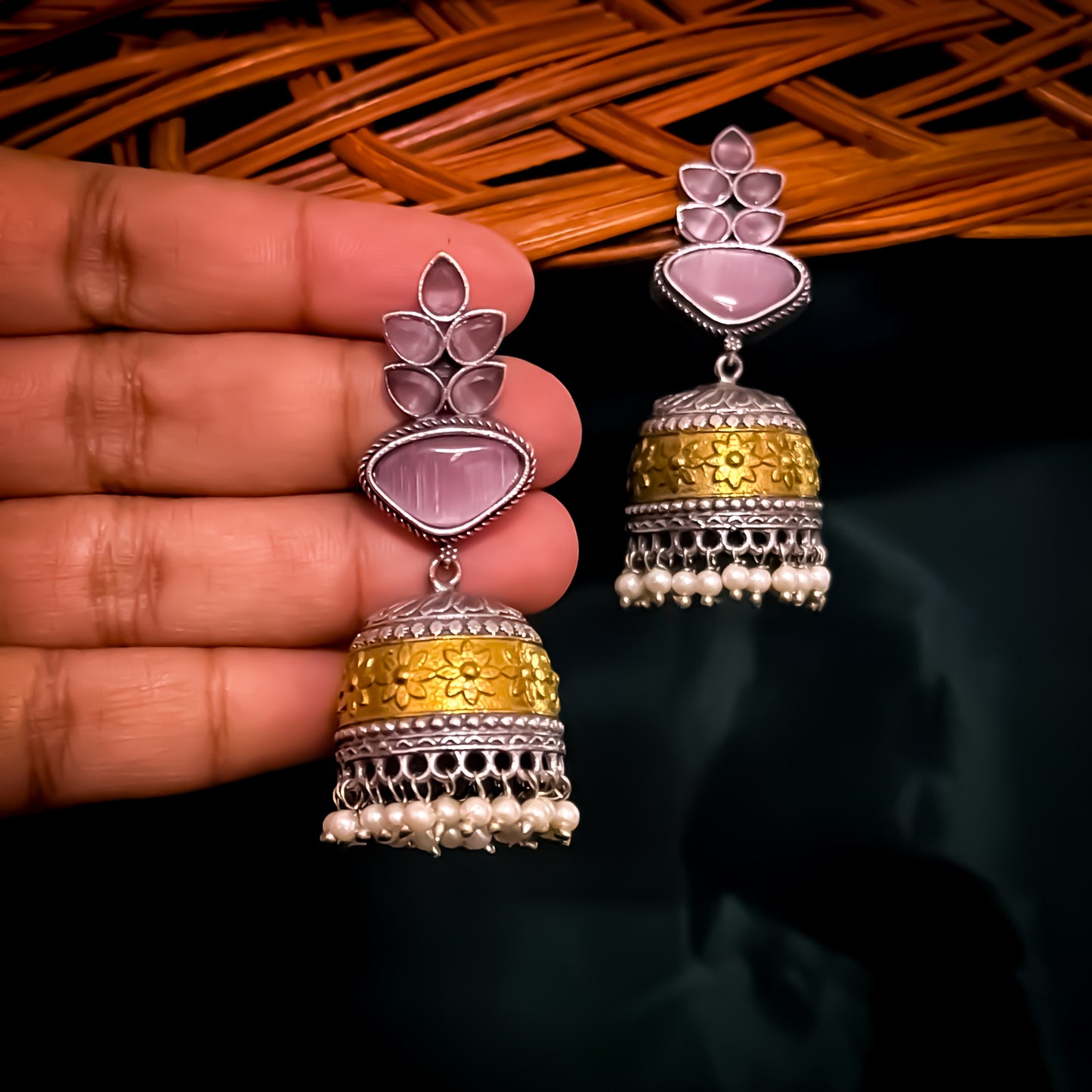 Monalisa Dual Tone Brass Jhumka Earrings - Pastel Pink