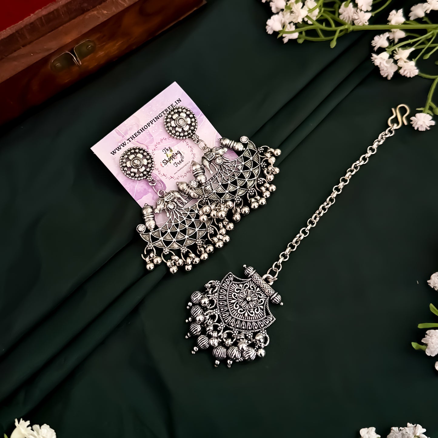 Anika Necklace Set with Earrings & Teeka -Silver