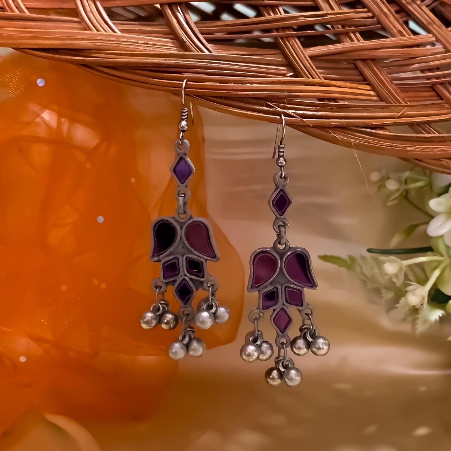Kriti Afghani Vintage Mirror Earrings - Purple