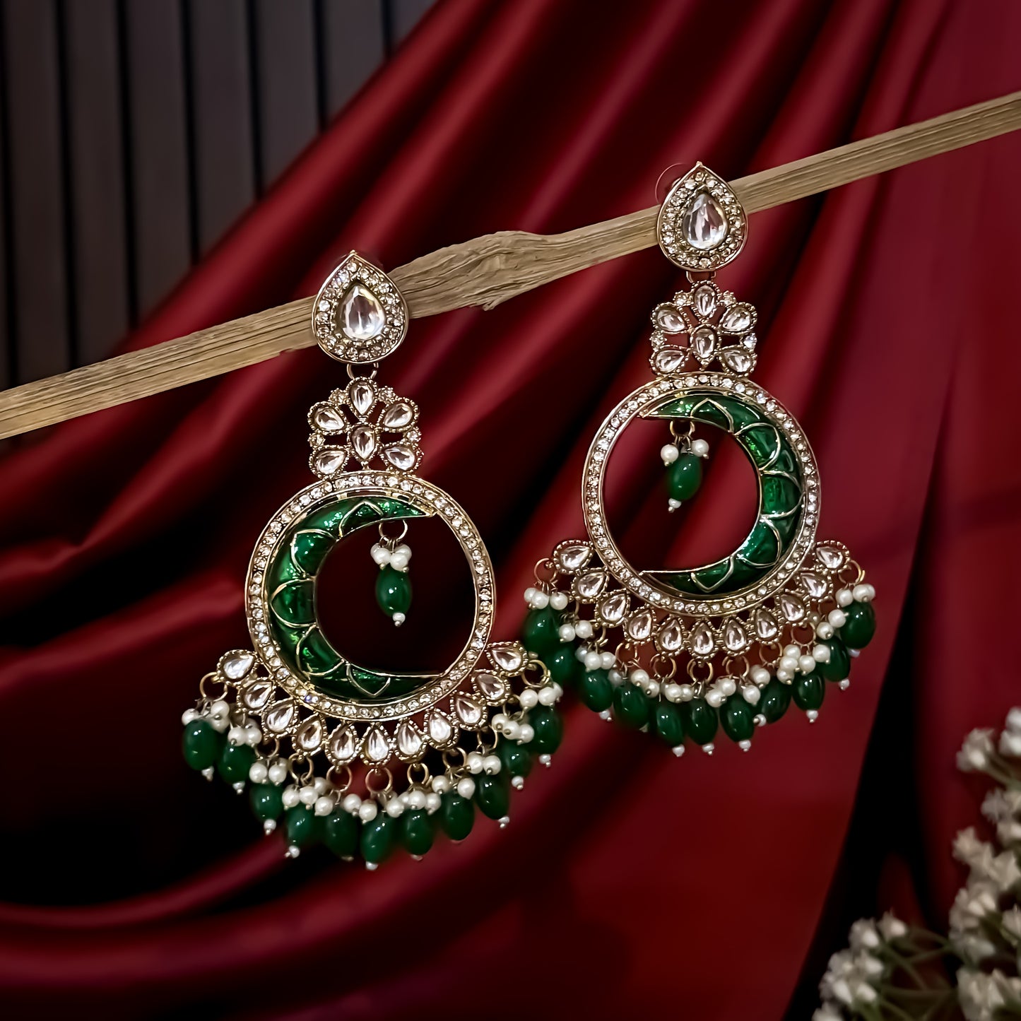 Kunica Kundan Pearl Chandbali Earrings - Green