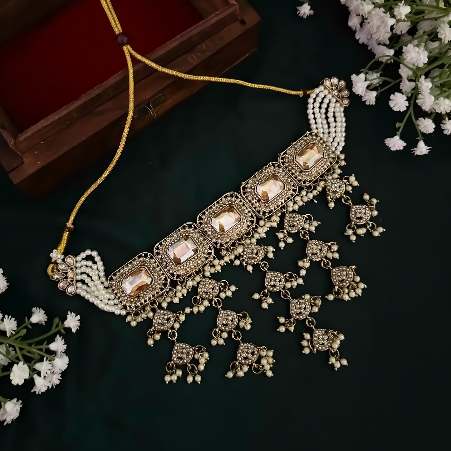 Miraj Jadau Reverse AD Necklace Set - Golden