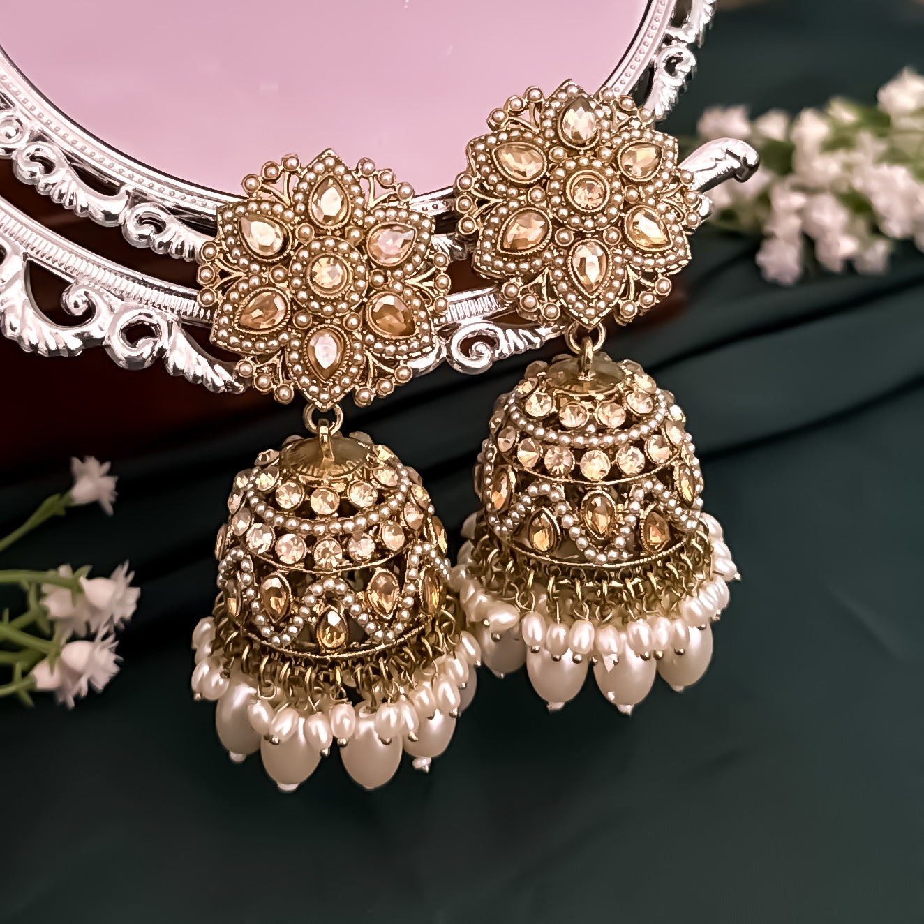 Varuna Jadau Reverse AD Jhumka & Teeka Set - Golden