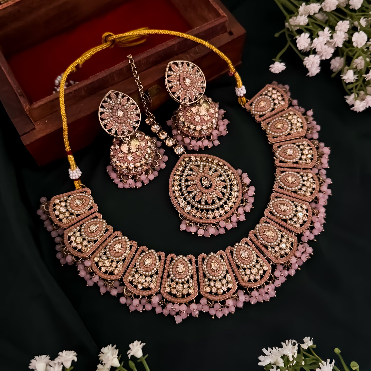 Sahana Jadau Preminum Reverse AD Gantnan Necklace Set with Teeka & Pasha - Baby Pink