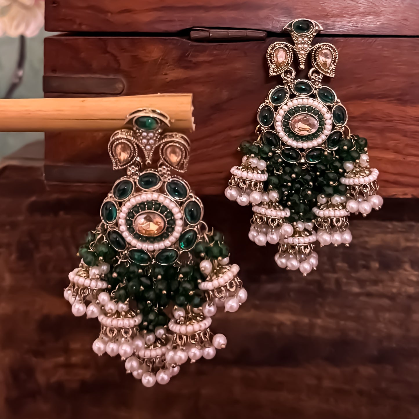 Heer Pearl Chandbali Jhumka Earring - Green