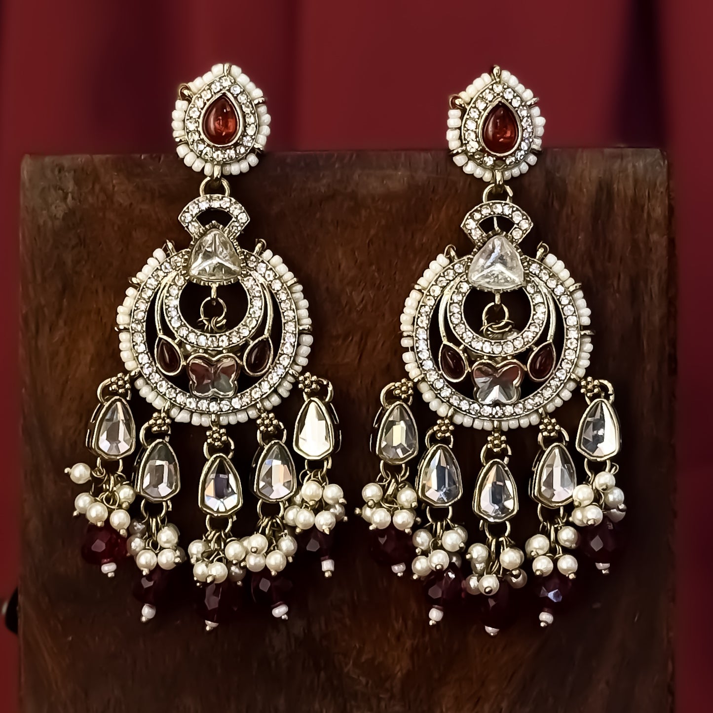 Athiya Kundan Pearl Premium Chandbali Earrings - Maroon