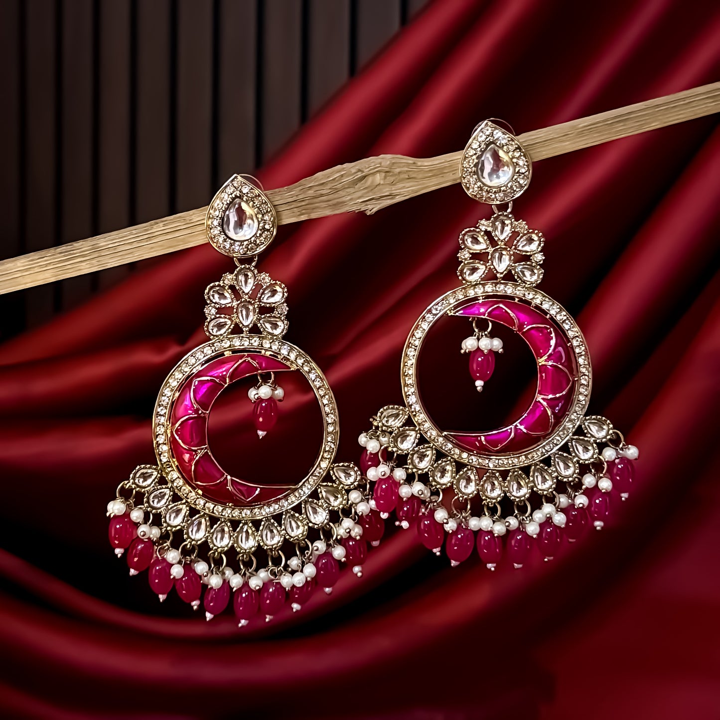 Kunica Kundan Pearl Chandbali Earrings - Pink