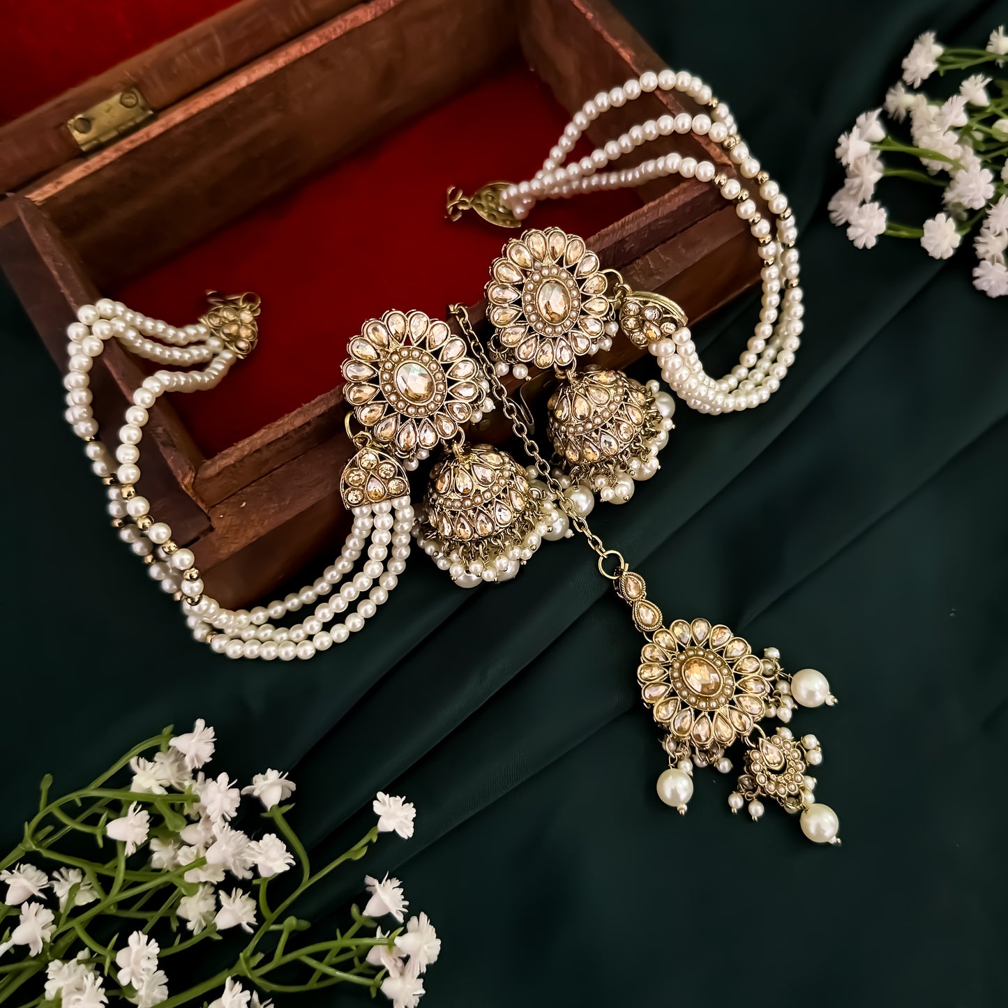 Noorani Reverse AD Necklace Set with Jhumka Sahara Earrings & Teeka - Golden