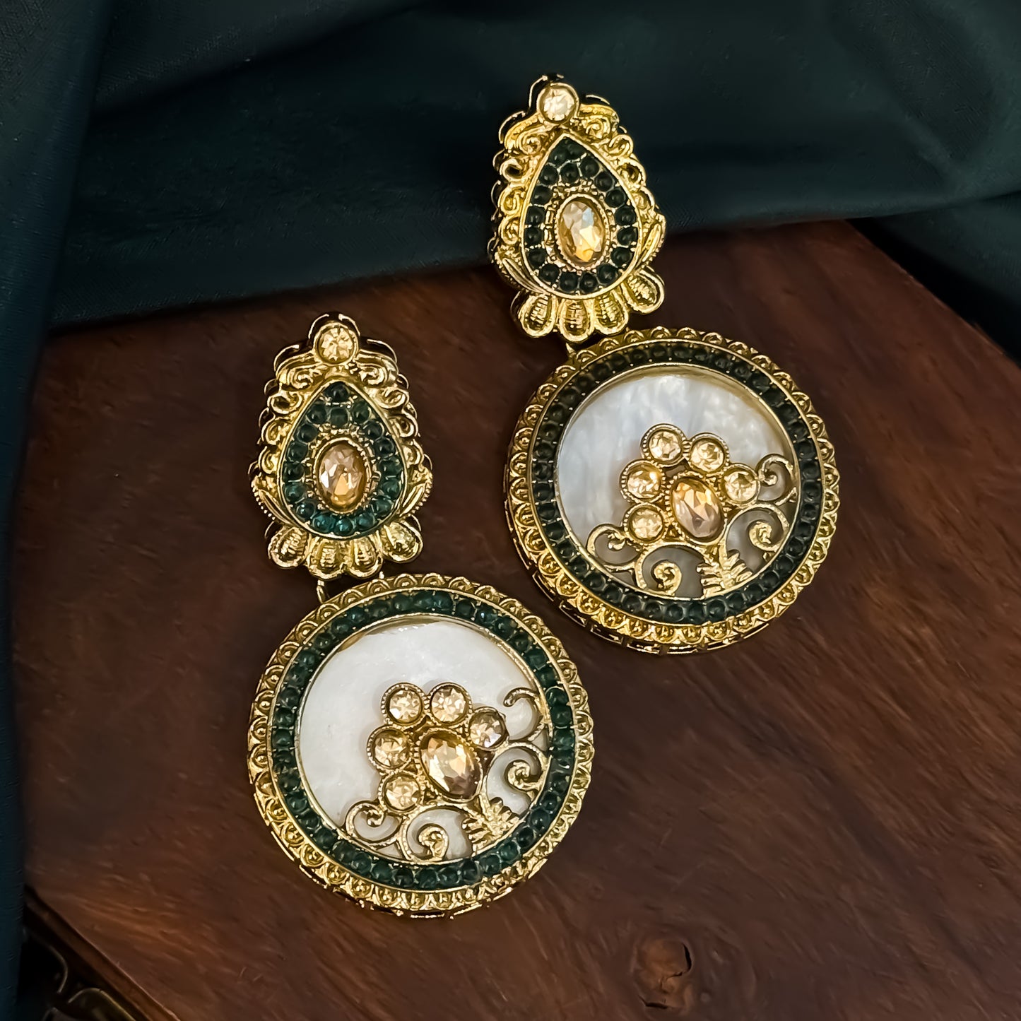 Itika Jadau MOP Chandbali Earrings - Green