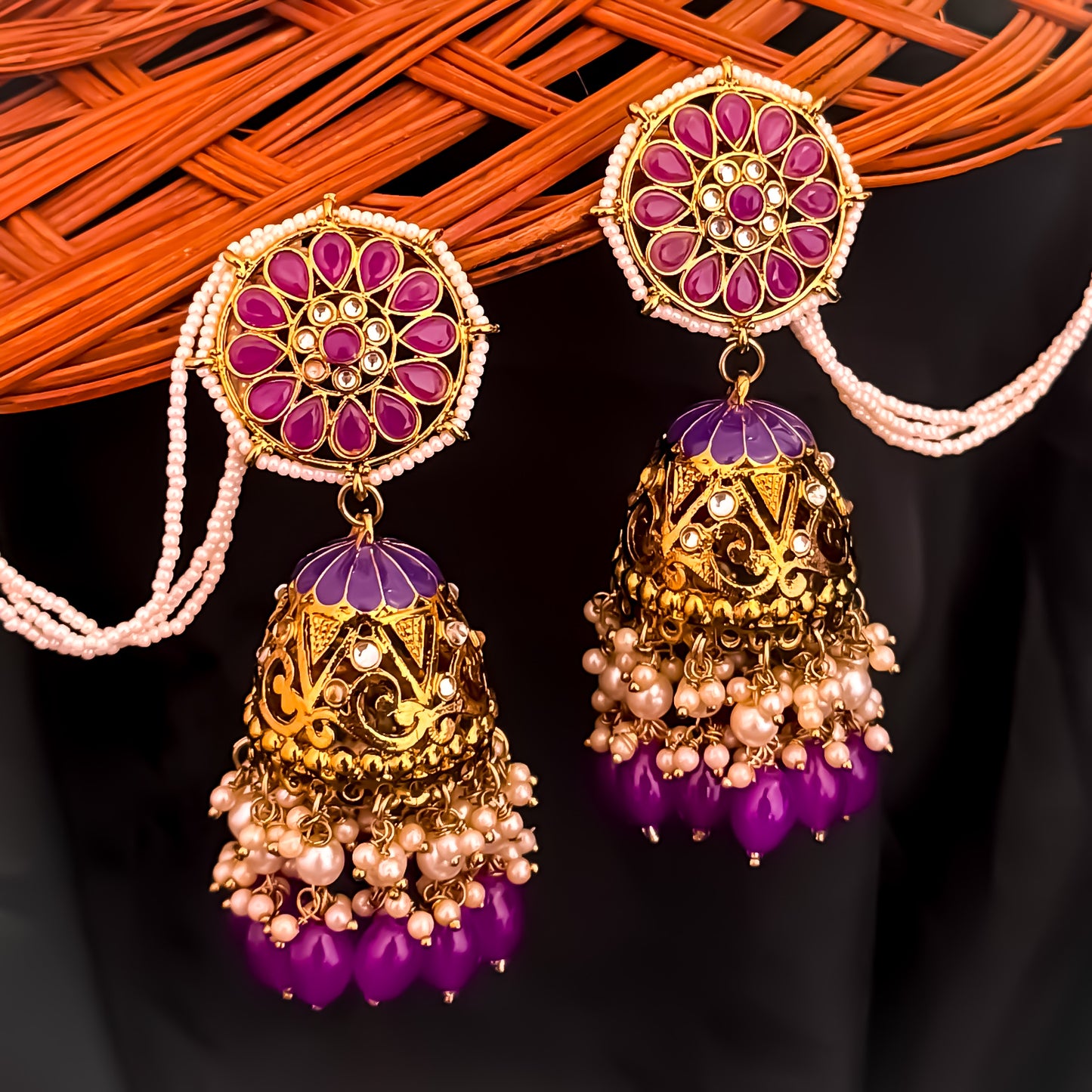 Nalini Cutwork Jhumka Earrings with Sahara- Purple