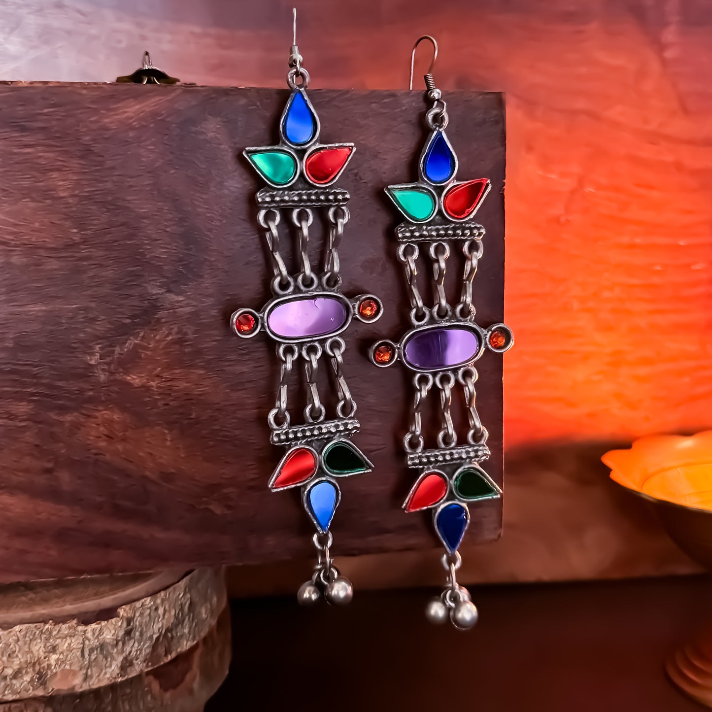 Vasundhara Vintage Afghani Mirror Earrings - Multi