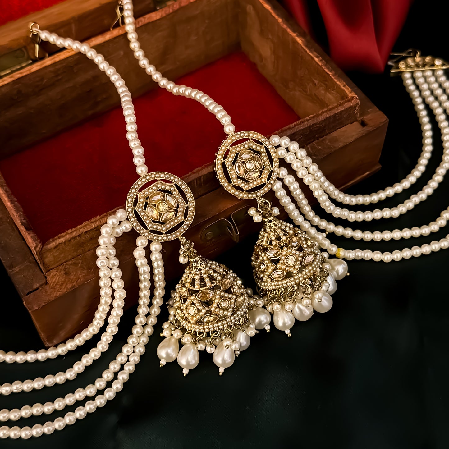Iqra Jadau Reverse AD Jhumka Earrings with Sahara & Teeka - Golden