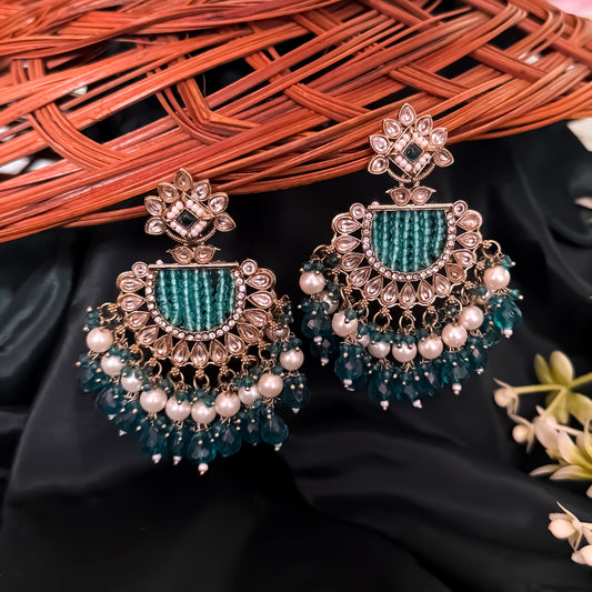 Mansa Kundan Pearl Chandbali - Peacock Blue
