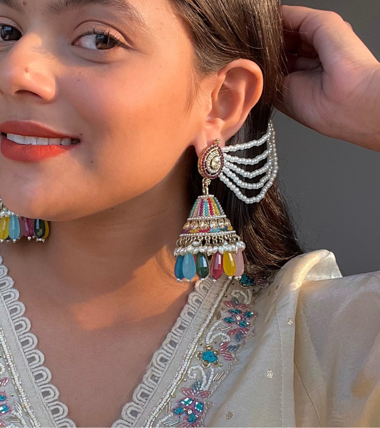 Mahiya Jadau Jhumka Earrings with Sahara - Multi