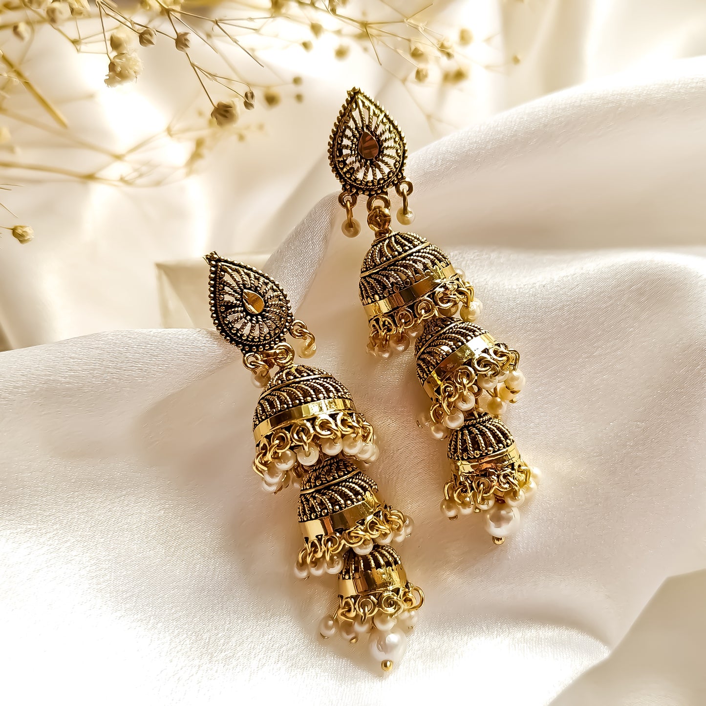 Triple Layered Floral Golden Jhumki