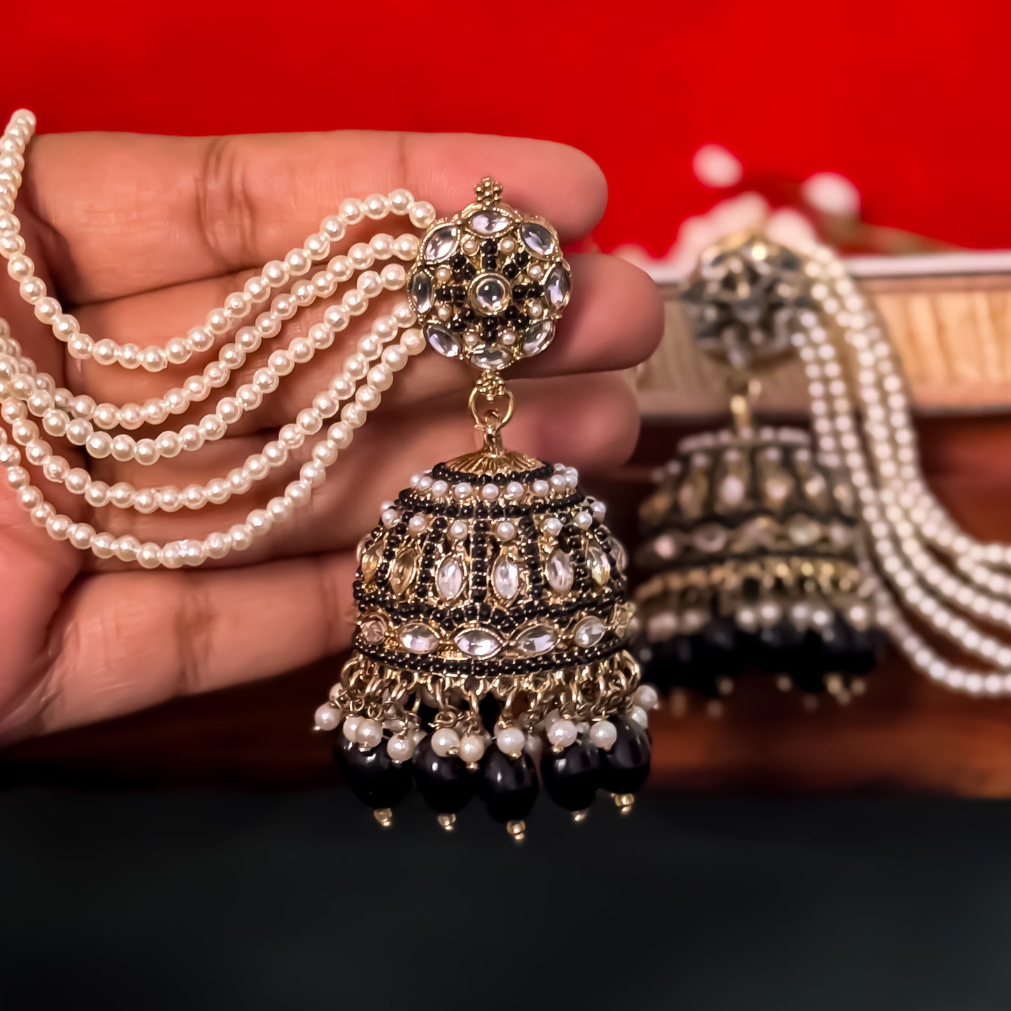 Mehvish Jadau Reverse AD Jhumka Earrings with Earchain - Black