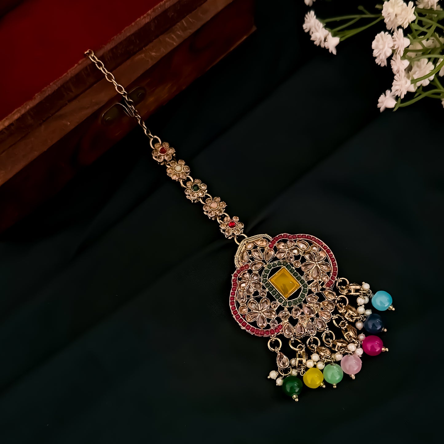 Nihal Reverse AD Necklace Set with Earrings & Teeka - Multi