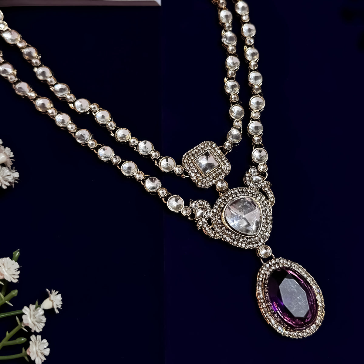 Purple Veronica Double Layer Polki Look Alike Necklace Set