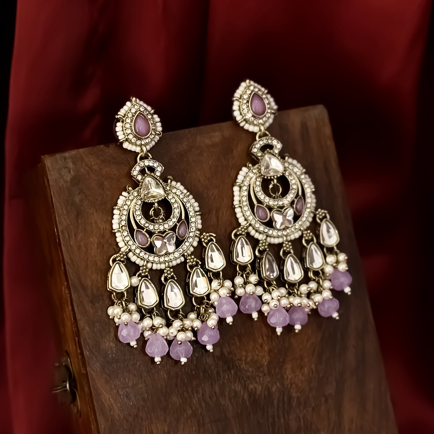 Athiya Kundan Pearl Premium Chandbali Earrings - Lavender