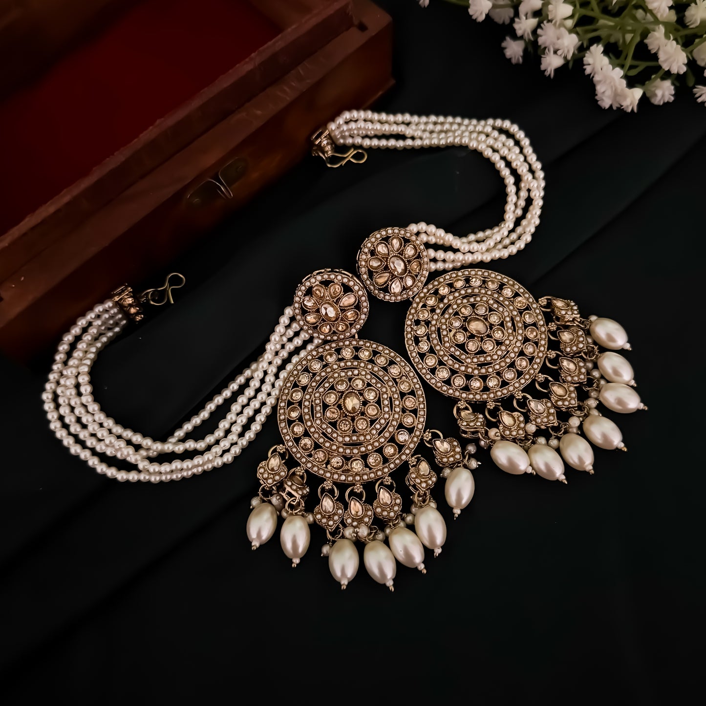 Junaira Jadau Reverse AD Necklace Set with Sahara Earrings & Teeka - Golden