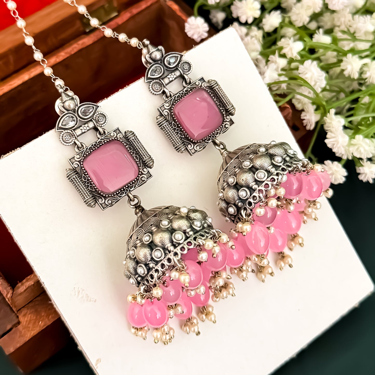 Sadaf Brass Jhumka Earrings with Earchains - Pastel Pink