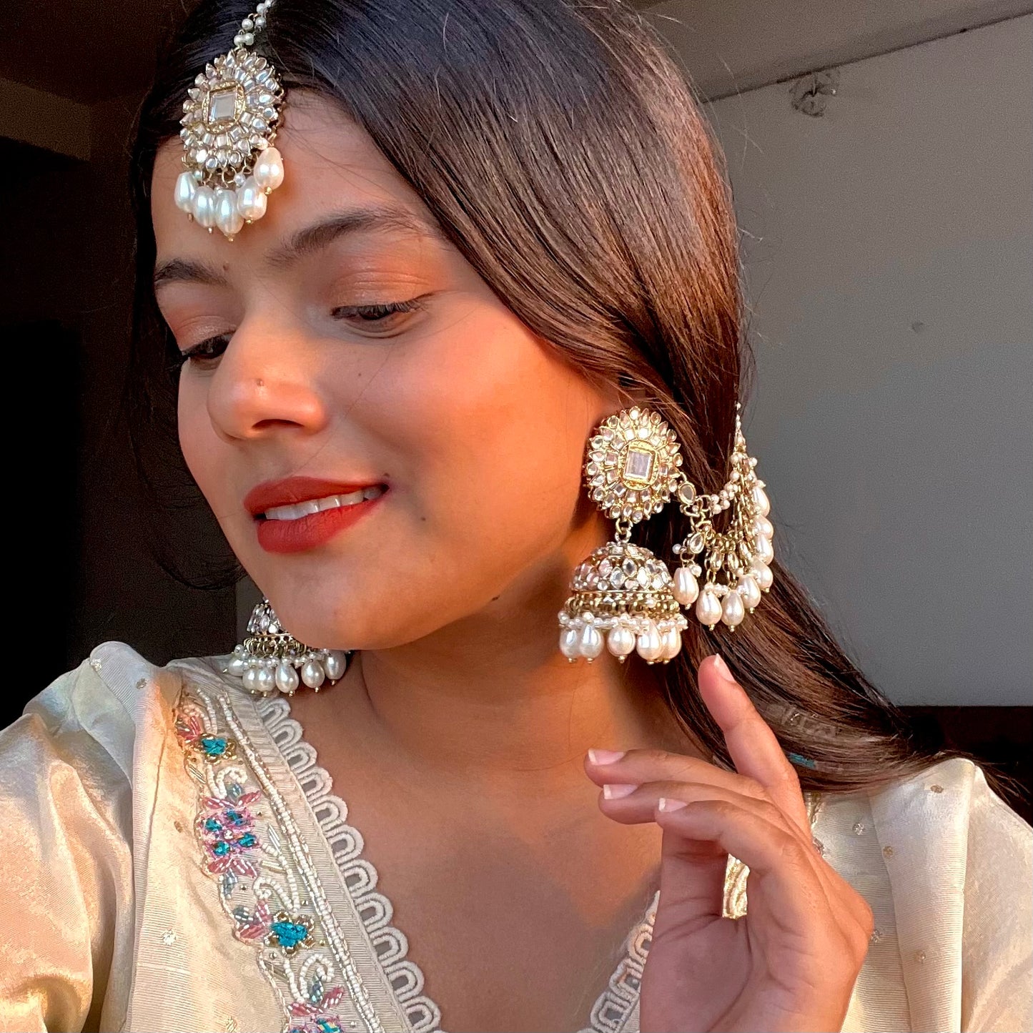Masaba Mirror Jhumka Earrings with Sahara & Tika Set - Golden