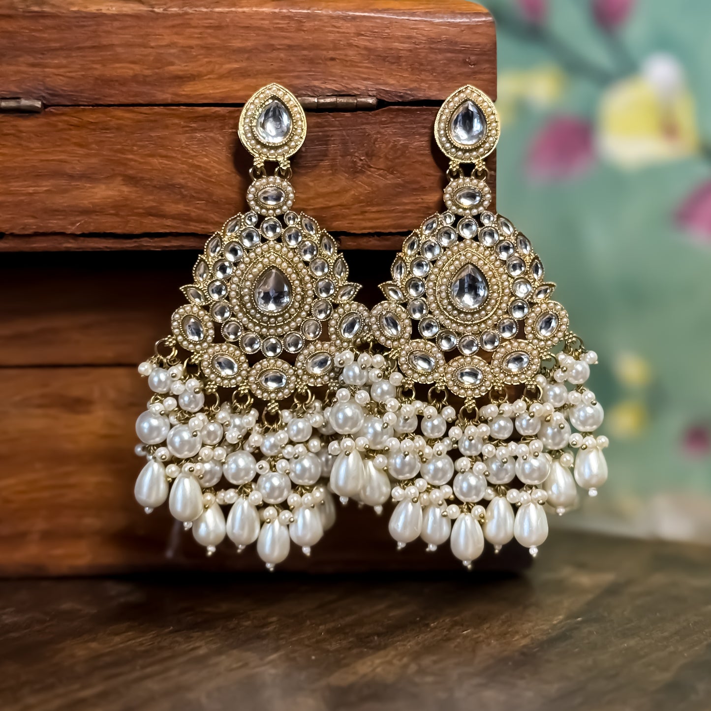 Zahira Jadau Chandbali Earrings- Golden/Ivory