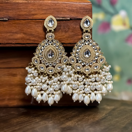 Zahira Jadau Chandbali Earrings- Golden/Ivory