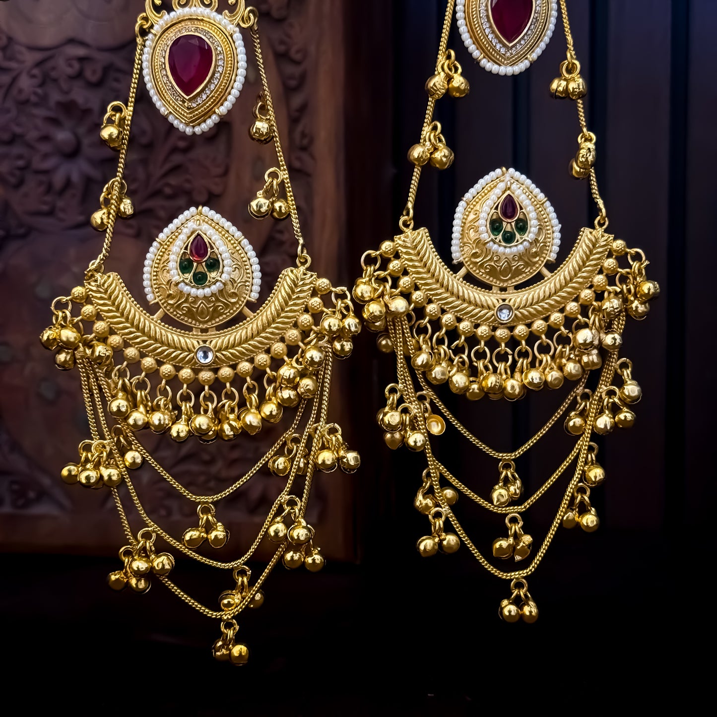 Tarika Kashmiri Brass Ghungroo Chandbali Earrings - Pink & Green