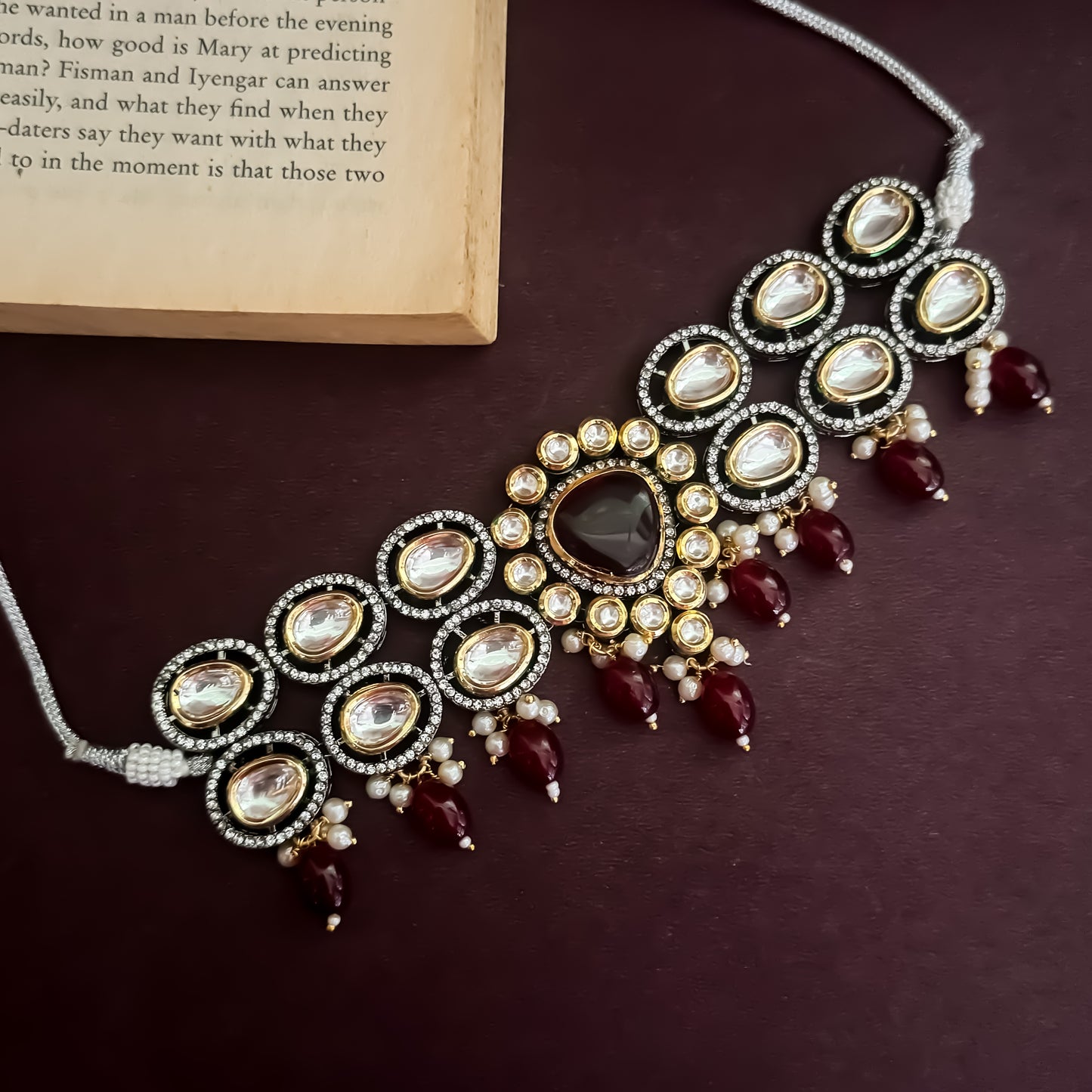 Devyani Kundan Necklce Set-Maroon