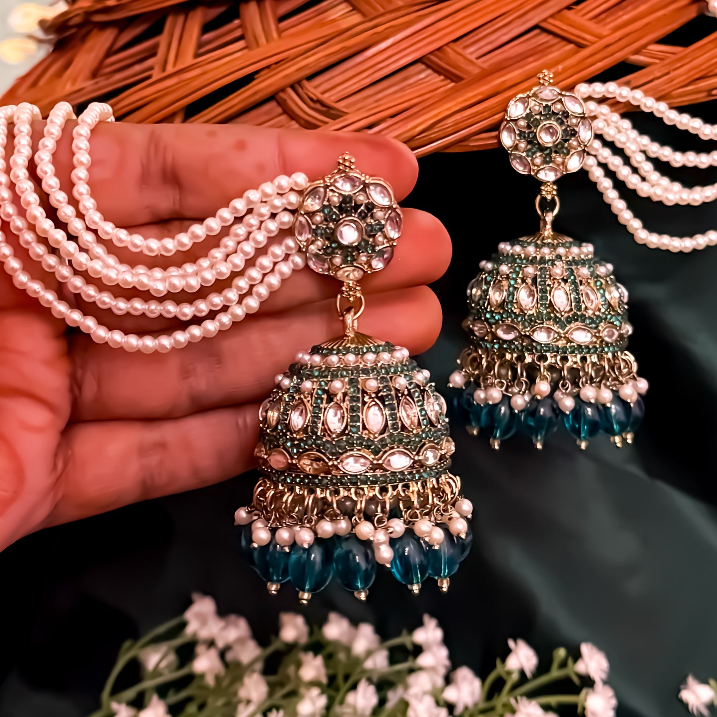Mehvish Jadau Reverse AD Jhumka Earrings with Earchain - Peacock Blue