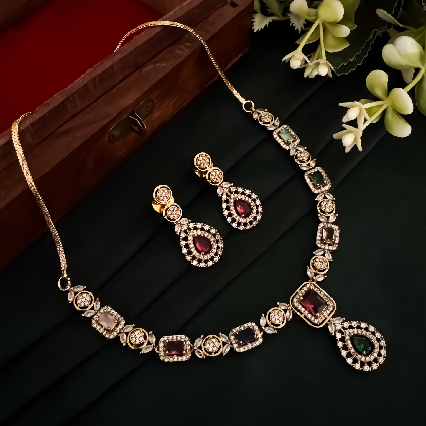Vivian American Diamond Necklace Set - Multi