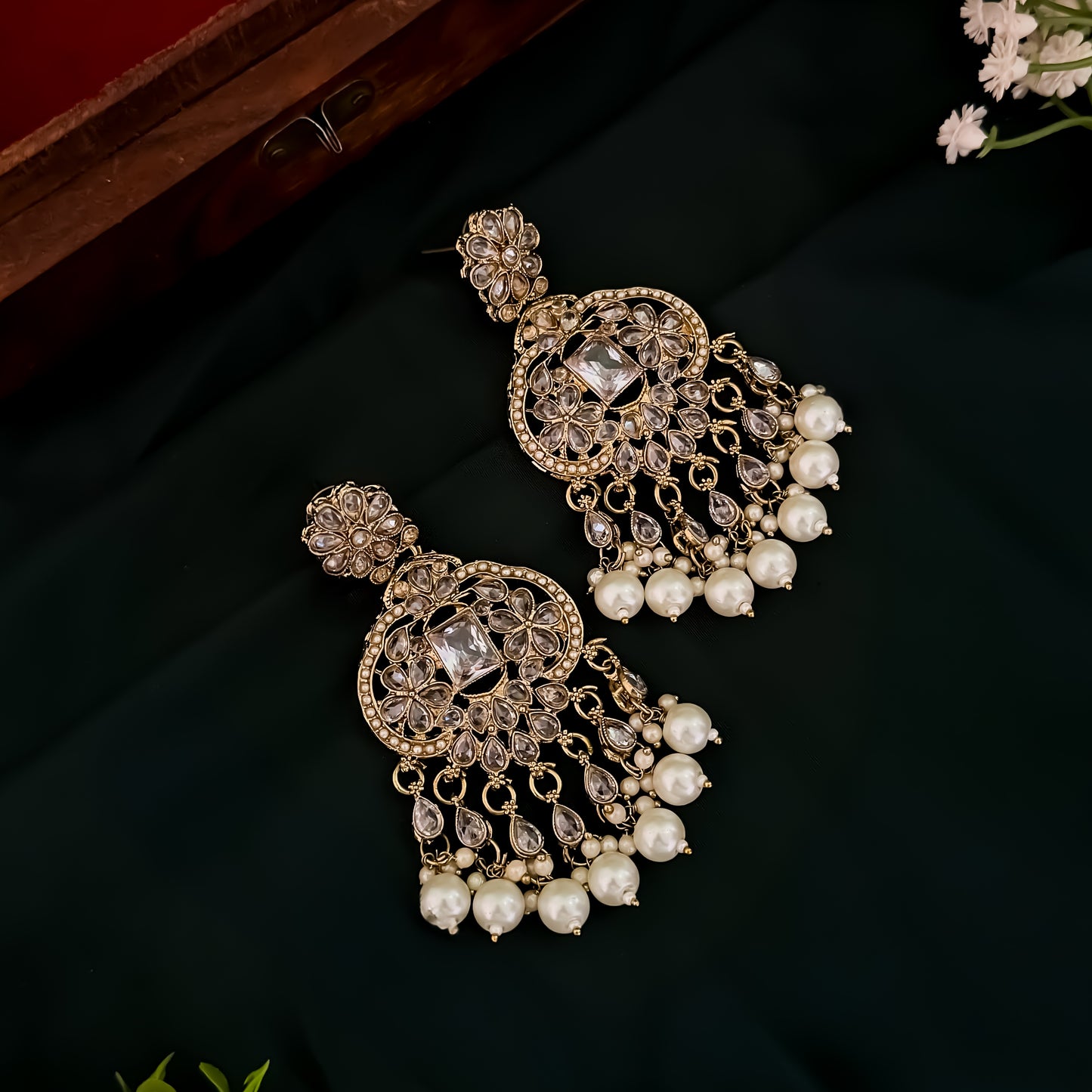 Nihal Reverse AD Necklace Set with Earrings & Teeka - Golden