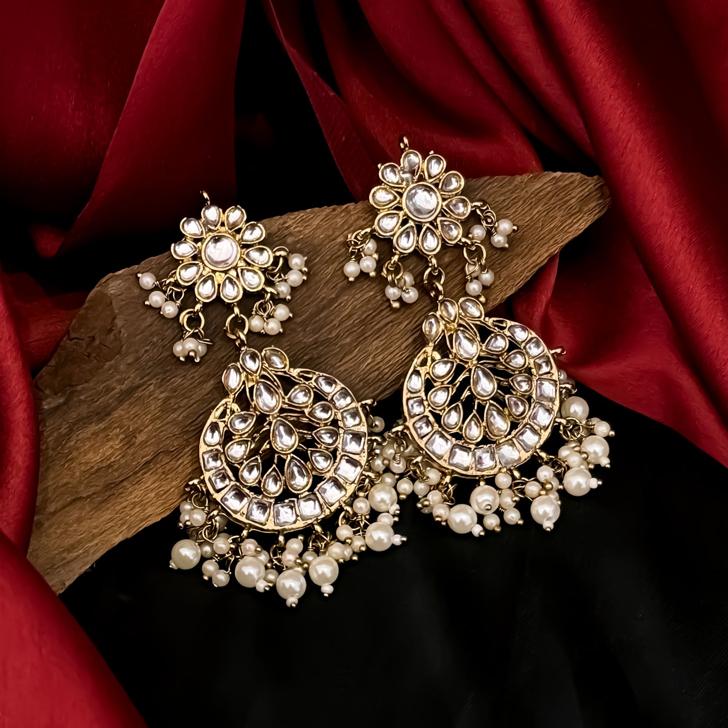 Jharna Kundan Pearl Chandbali Earrings with Teeka - Golden