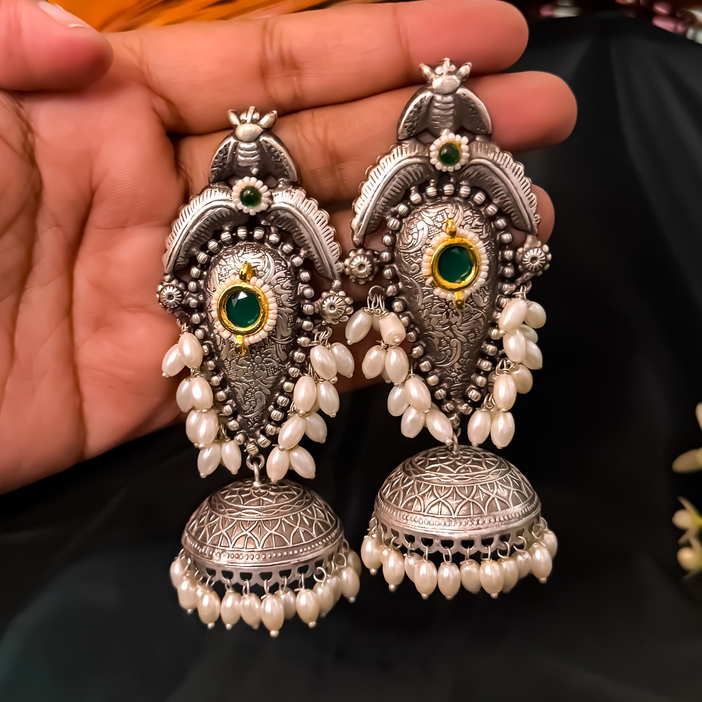 Vishakha Brass Jhumka Earrings - Green