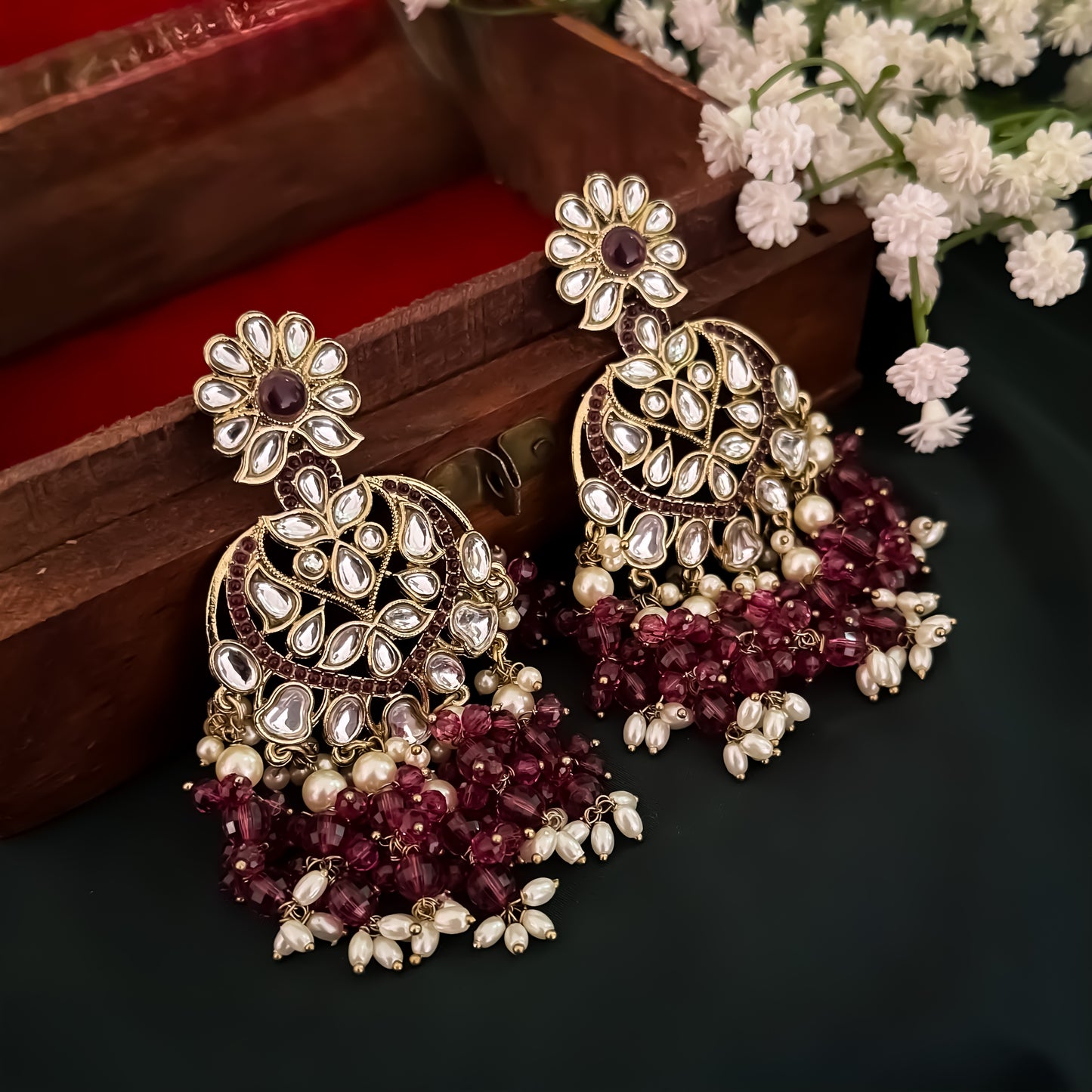 Aayat Kundan Pearl Chandbali Earrings - Wine