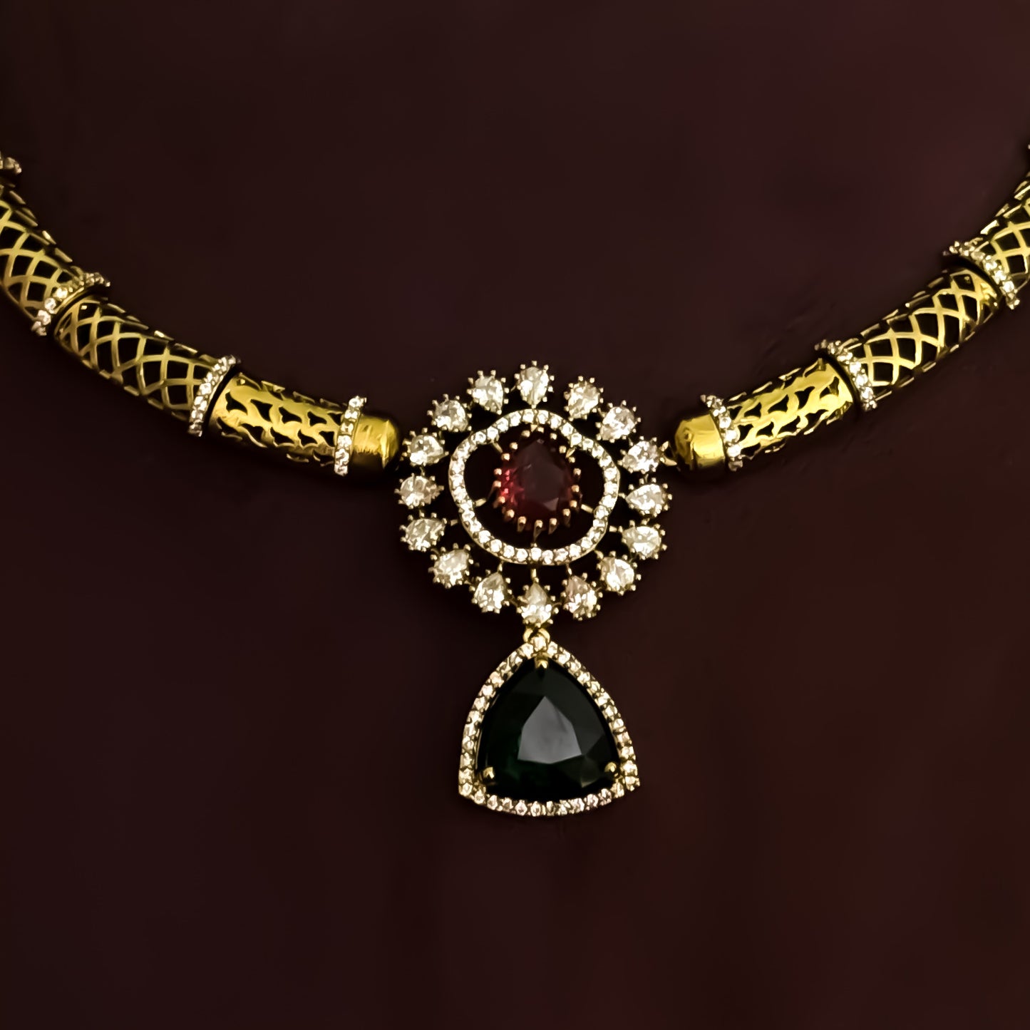 Srijya Victorian Work Pink & Green AD Hasli Necklace Set