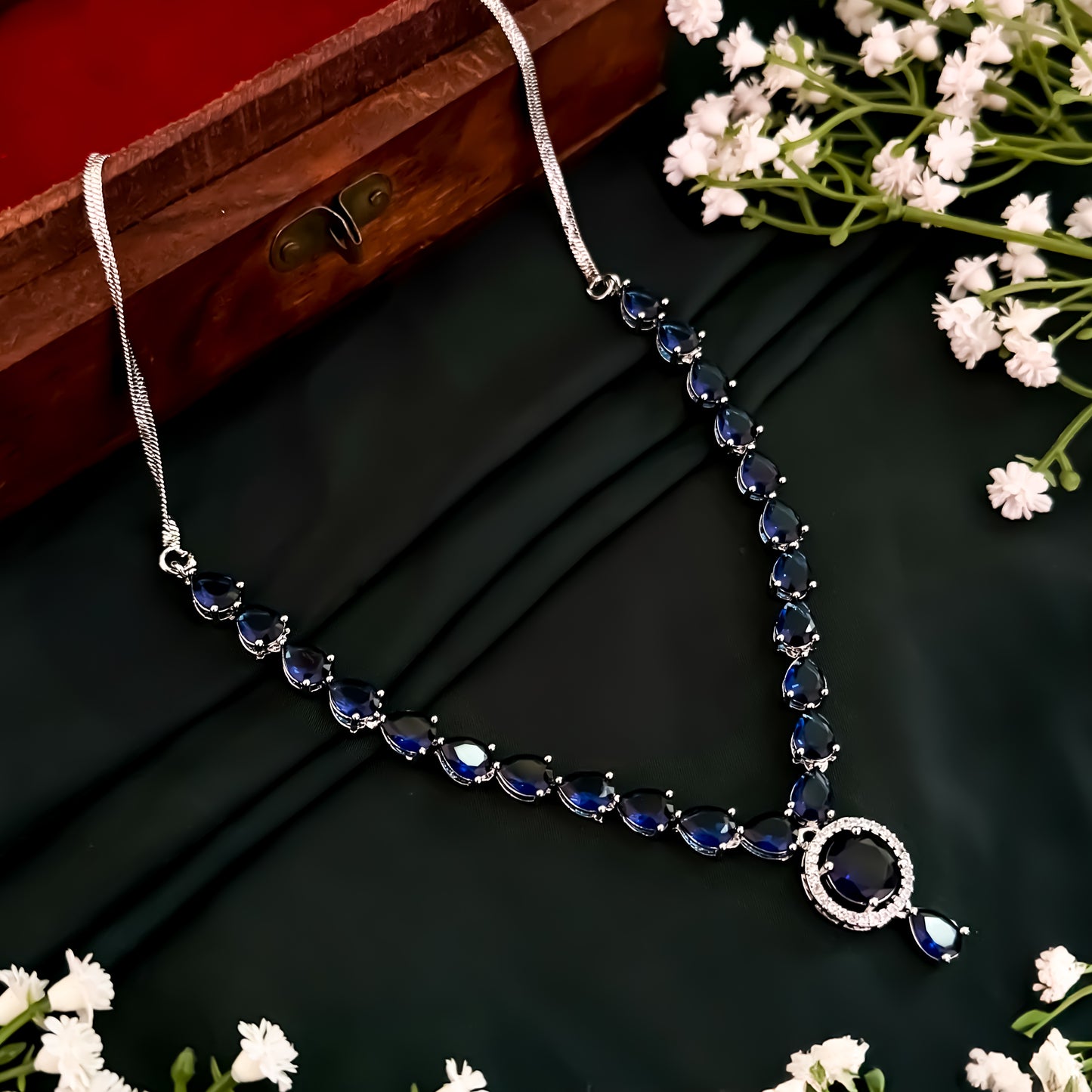 Eloise American Diamond Necklace Set- Royal Blue
