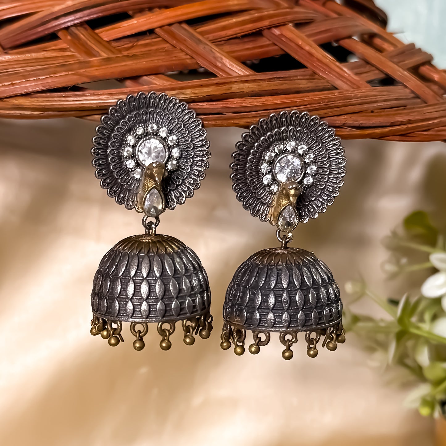 Mayuri 3D Zircon SLA Brass Jhumka Earrings - Crystal White