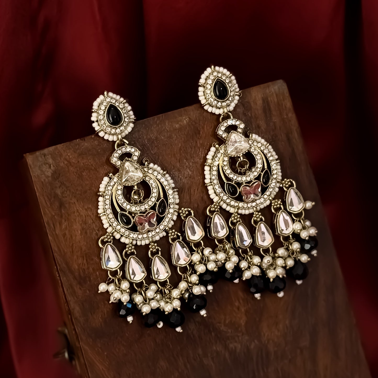 Athiya Kundan Pearl Premium Chandbali Earrings - Black