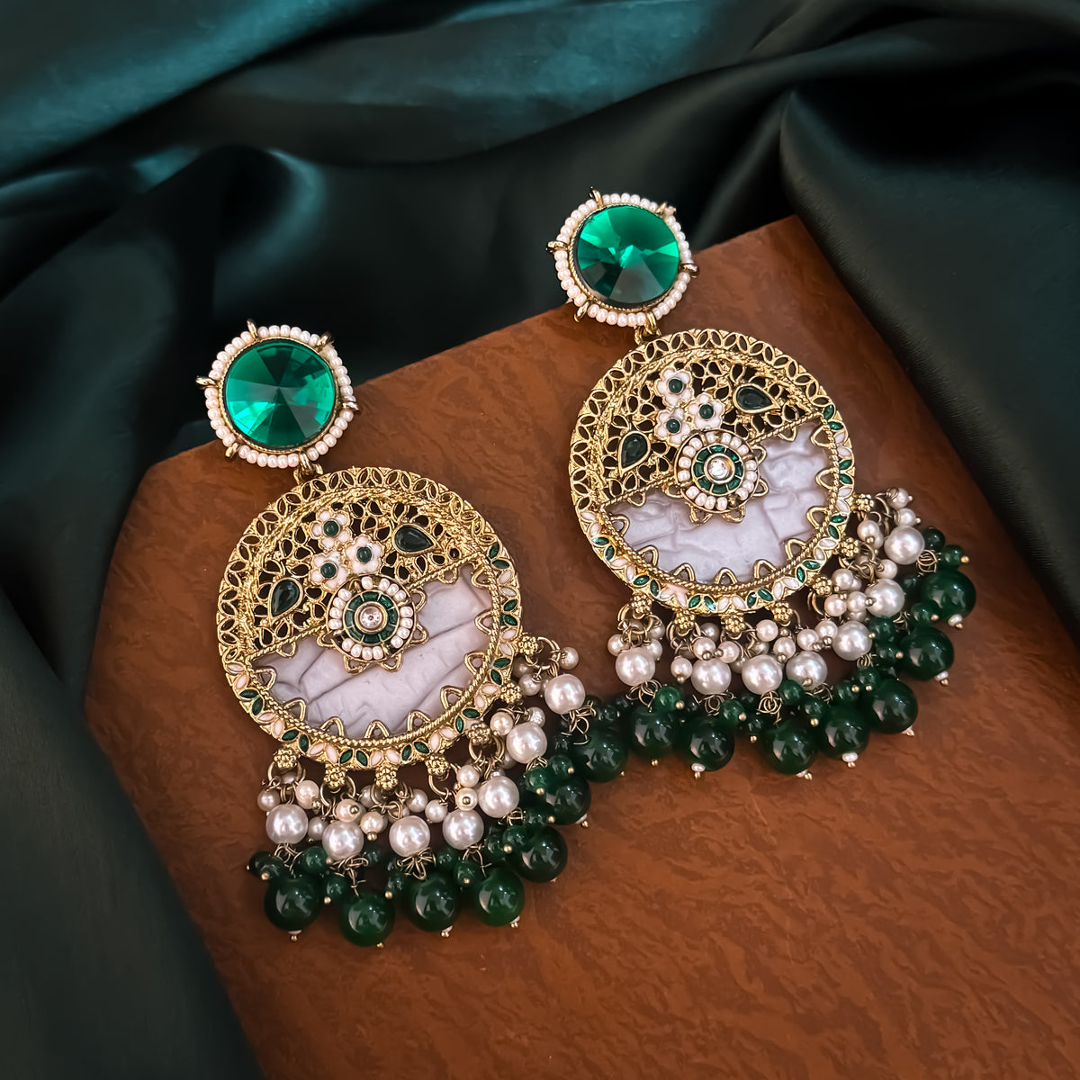Green Pallavi MOP Pearl Chandbali Earrings