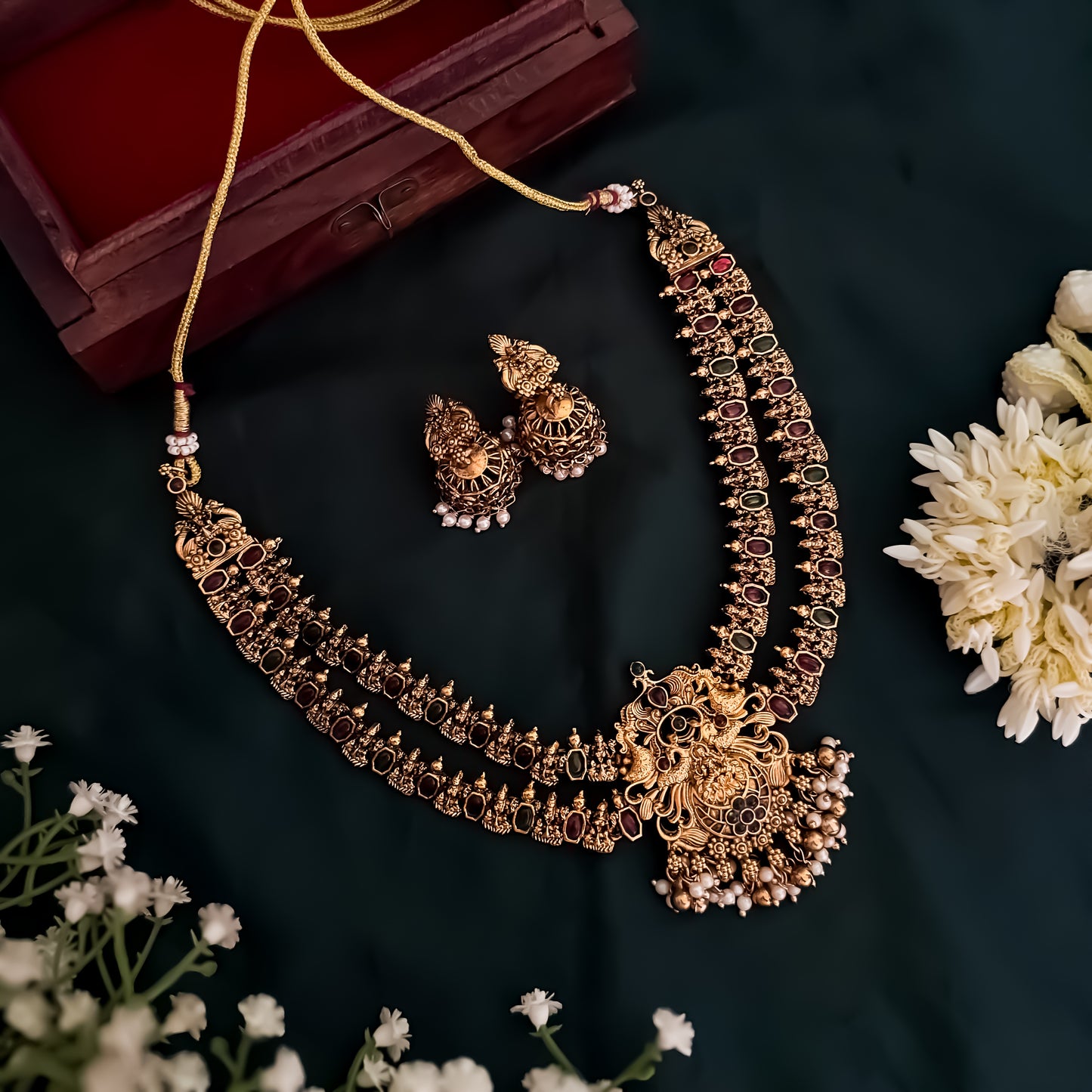 Divina Double Layer Temple Necklce Set with Earrings