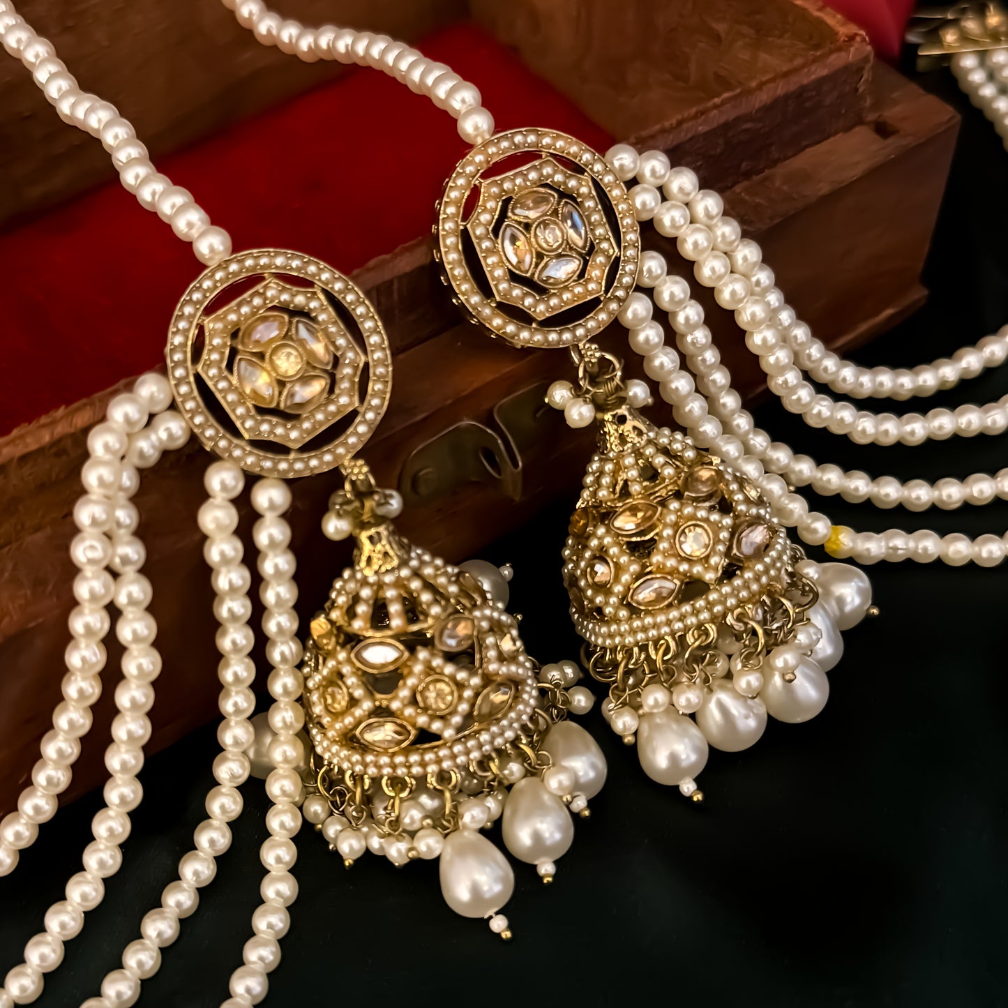 Iqra Jadau Reverse AD Jhumka Earrings with Sahara & Teeka - Golden