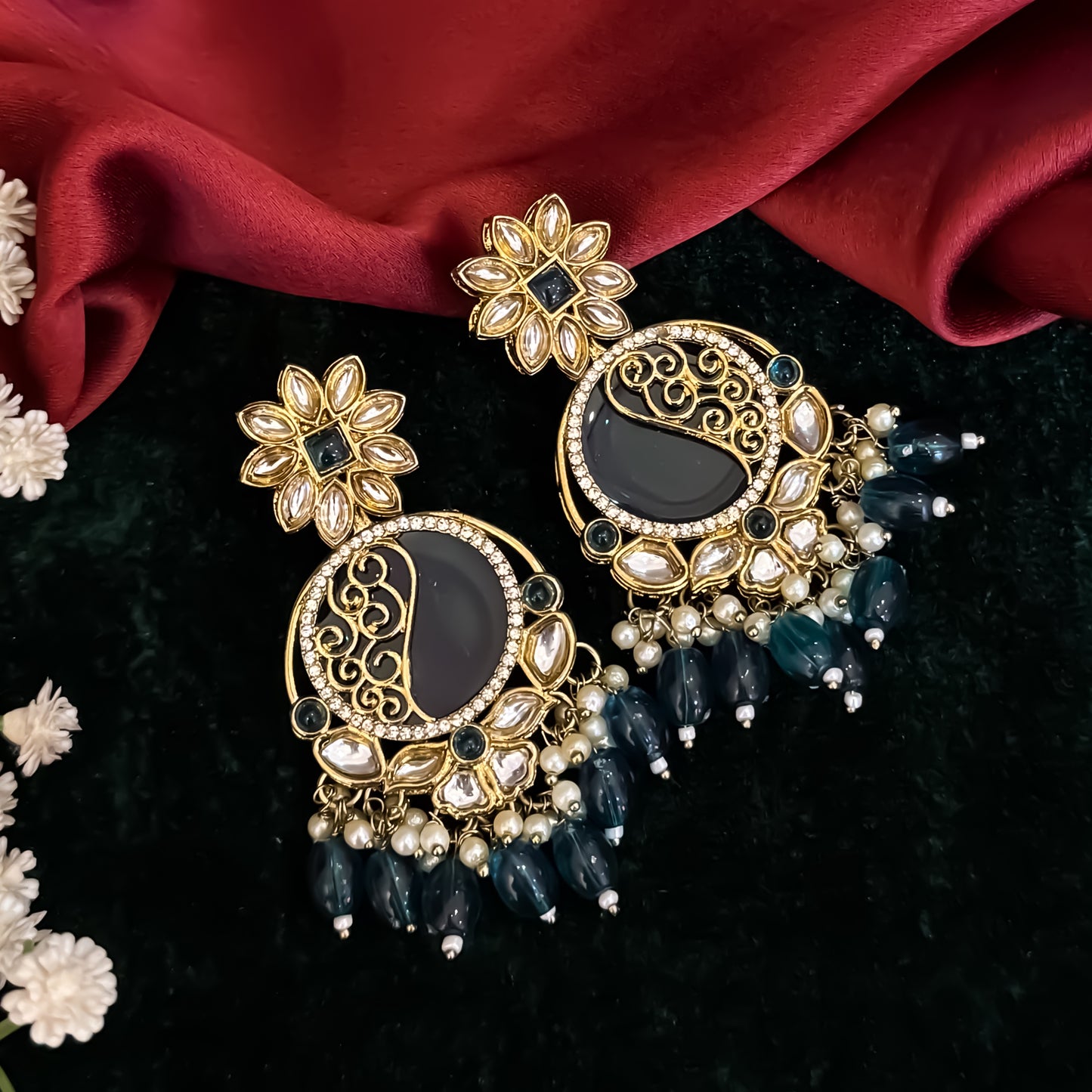 Ishika Premium Cutwork MOP Premium Chandbali Earrings - Peacock Blue