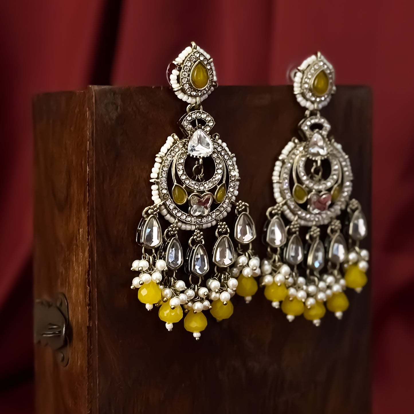 Athiya Kundan Pearl Premium Chandbali Earrings - Yellow