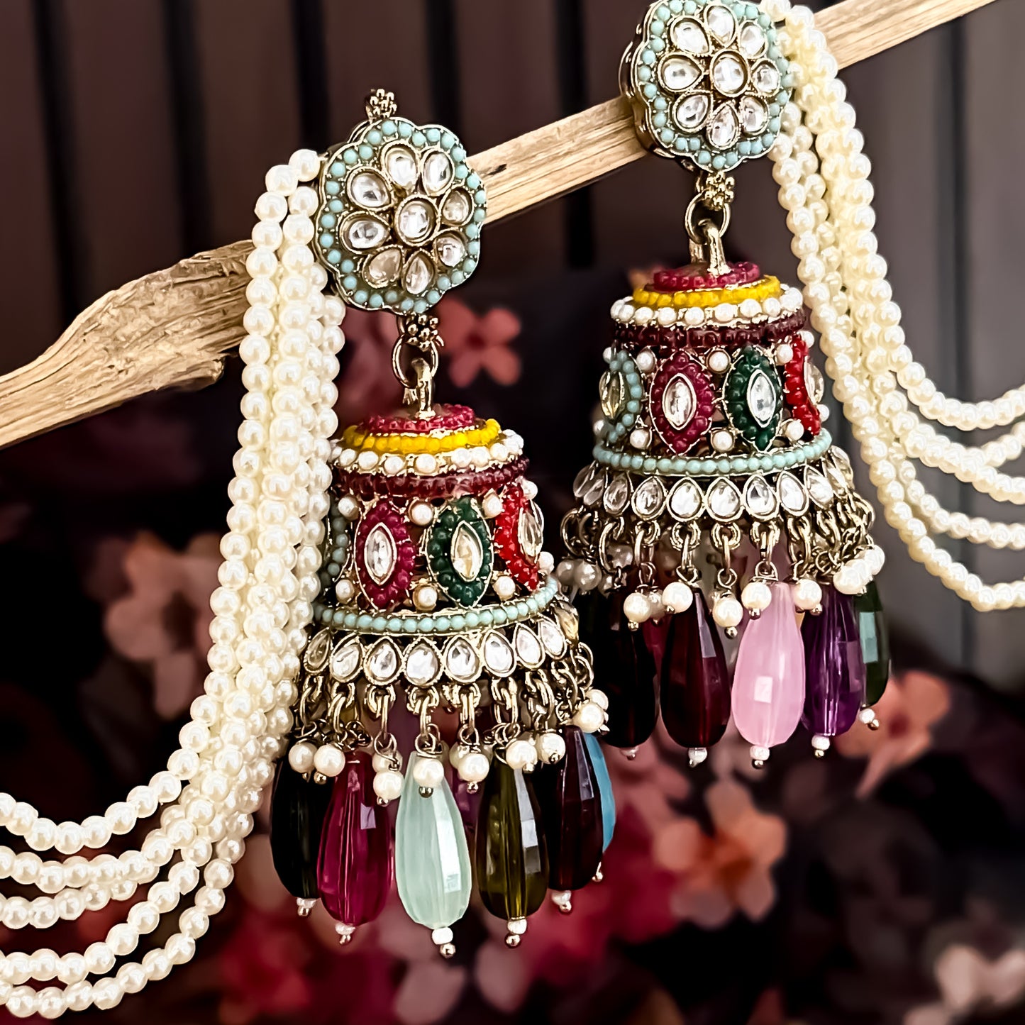 Meher Jadau Reverse AD Jhumka Earrings with Earchain - Multi