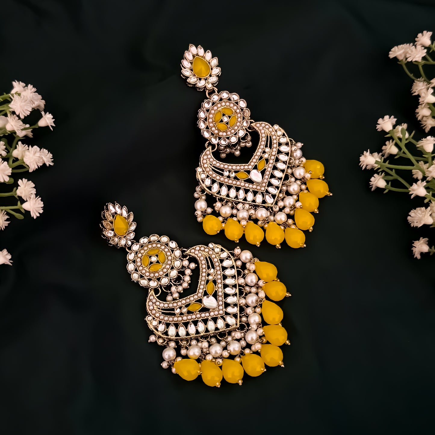 Shaba Jadau Kundan Chandbali Earrings - Yellow