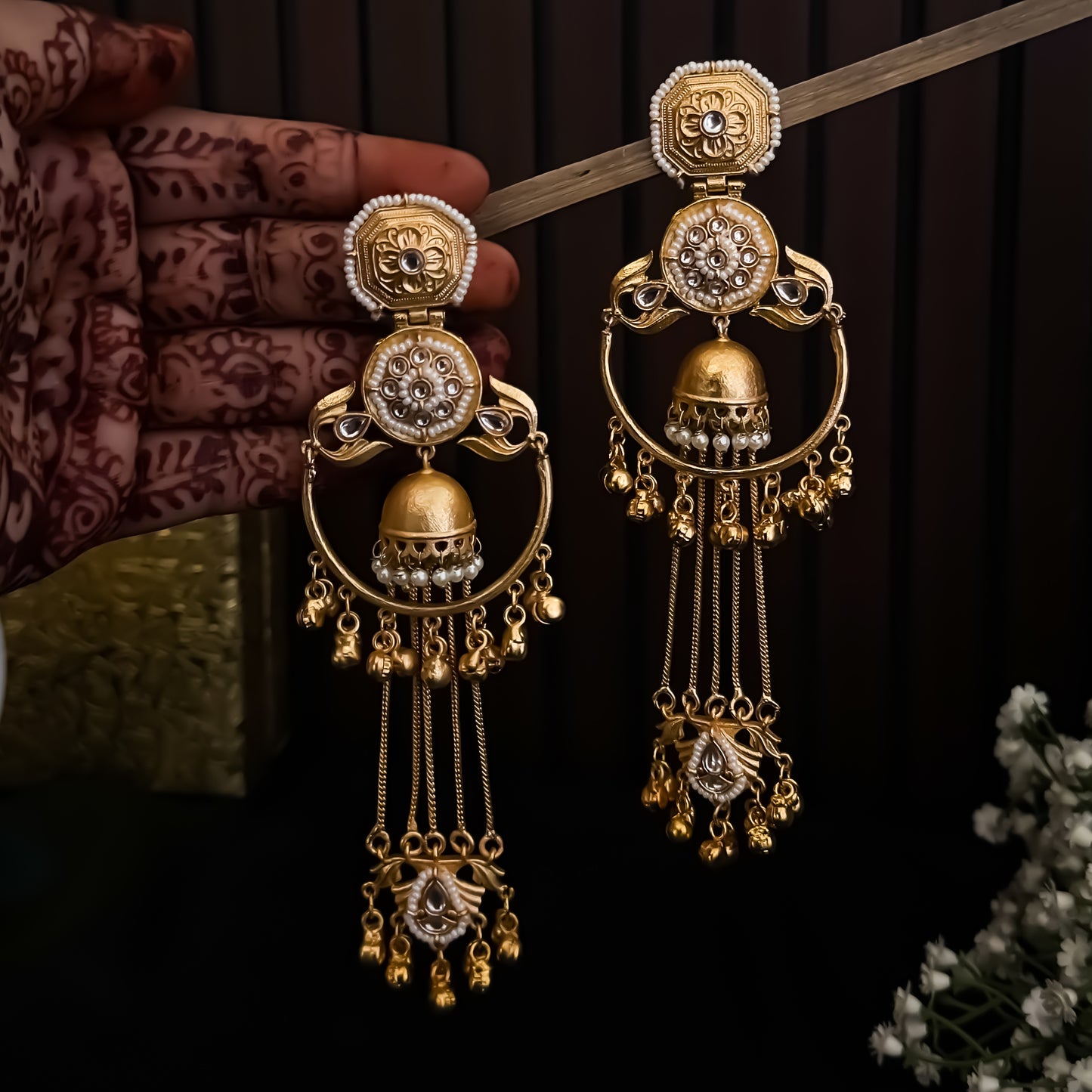 Vasudha Kashmiri Brass Dejhoor Ghungroo Jhumka Earrings - Golden