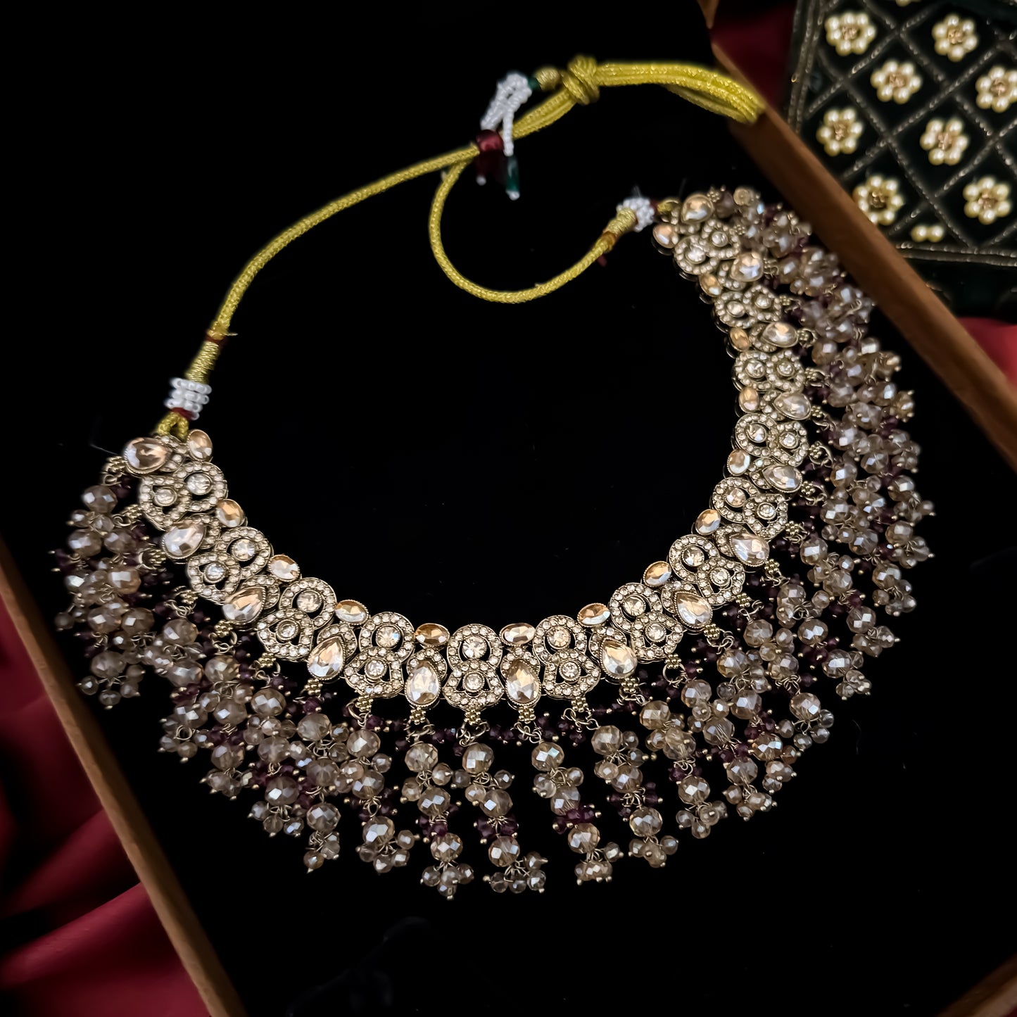 Madiha Premium Reverse AD Necklace Set - Wine